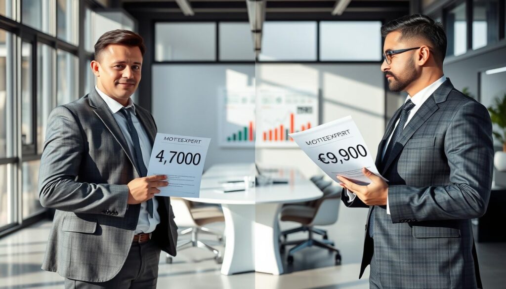 A split image illustrating a professional comparison of two different damage assessments. In the foreground, two confident professionals in business attire, one representing an insurance company and the other from MOTOEXPERT, are engaged in a discussion, holding documents with numbers clearly visible, suggesting their respective valuations of €4,700 and €9,900. In the middle background, a modern office setting with a sleek conference table and charts depicting insurance statistics. The ambiance is bright and professional, with natural light streaming in through large windows. The atmosphere should convey a serious, analytical mood, focusing on expert opinions and financial evaluations.