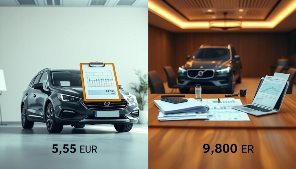 A split-screen illustration comparing vehicle valuation discrepancies, featuring two distinct scenes. On the left, highlight the lower valuation of 5,555 EUR, with an image of a modest vehicle surrounded by a clipboard with financial calculations, set in a bright, neutral-lit office. On the right, showcase the higher valuation of 9,800 EUR, displaying a premium vehicle alongside a more elaborate set of documents, graphs, and a laptop, all within a sophisticated, warmly lit conference room. The foreground should focus on the vehicles, while the middle ground includes the financial documents. Use a shallow depth of field to create a professional atmosphere, emphasizing clarity and detail. The overall mood should convey a sense of analysis and contrast, making the valuation differences visually impactful.