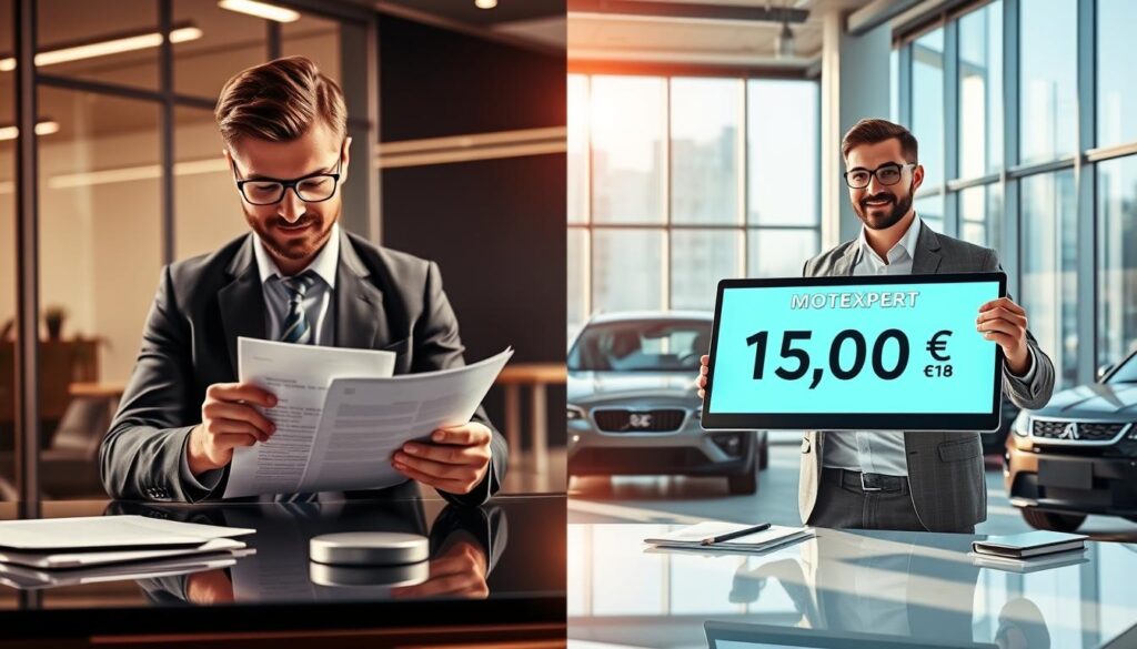 A split-screen illustration contrasting two vehicle insurance valuations: on the left, a professional evaluator in a sleek office setting, analyzing documents with a calculator, displaying a valuation amount of 7,500 EUR in a visually appealing graphic. On the right, a modern workspace showcasing MOTOEXPERT’s assessment, with an evaluator presenting a digital screen indicating a 15,000 EUR valuation, surrounded by car models and insurance literature. Natural light filters through large windows, casting a warm glow, and reflections in glass surfaces enhance the professionalism. The mood is analytical and constructive, aimed at providing clarity in insurance valuations.