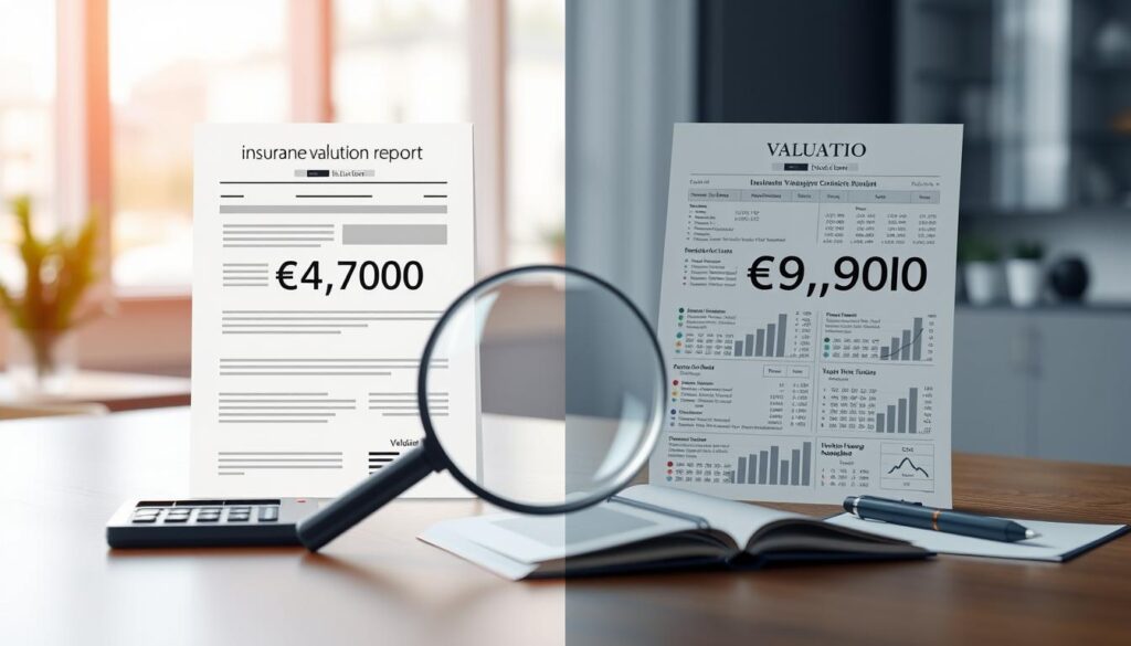 A split-screen illustration depicting two contrasting insurance valuation reports: on the left side, a sleek, modern document showcasing a valuation of €4,700, with clean lines and a professional layout. On the right side, a more complex document displaying a €9,900 valuation, filled with graphs and detailed calculations. Foreground features a magnifying glass highlighting key differences, while a calculator and a notepad rest beside it. The middle ground includes a blurred office environment, conveying a business atmosphere with soft, natural lighting filtering through a window. The mood is analytical yet informative, aiming to capture the stark contrast in valuations while maintaining a professional aesthetic.