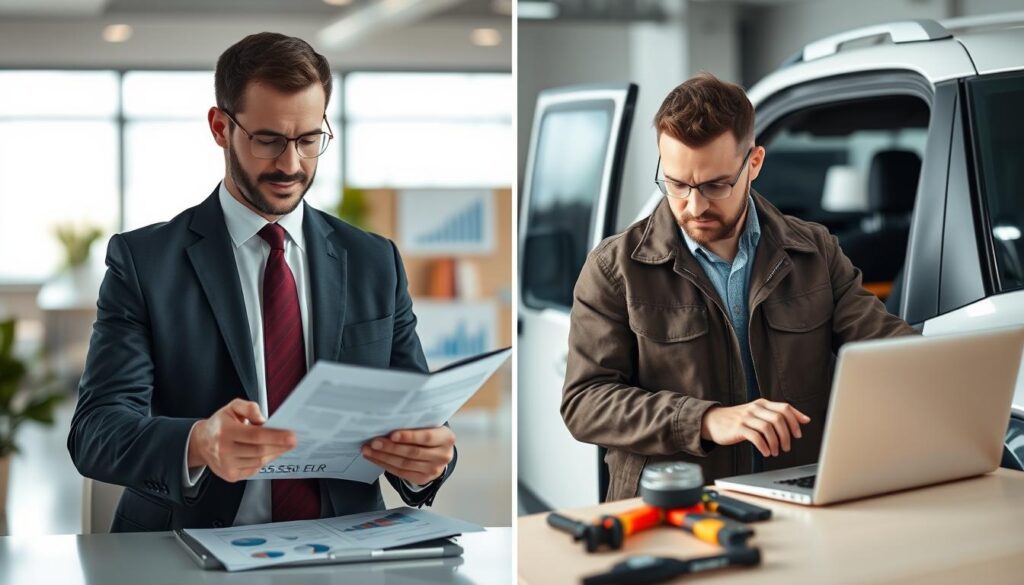 A split-screen image comparing two valuations: on the left, a professional insurance adjuster in a smart business suit examining a detailed report, surrounded by charts and graphs suggesting a valuation of 5,555 EUR. On the right, an expert appraiser in a slightly more casual yet polished outfit, examining a vehicle with tools and a laptop displaying a valuation of 9,800 EUR. The background should feature a sleek office setting with soft lighting, emphasizing a serious and analytical atmosphere. Use natural tones and a depth of field that keeps the focus on the professionals, while blurred office elements softly frame the scene, creating an environment that conveys trust and expertise.