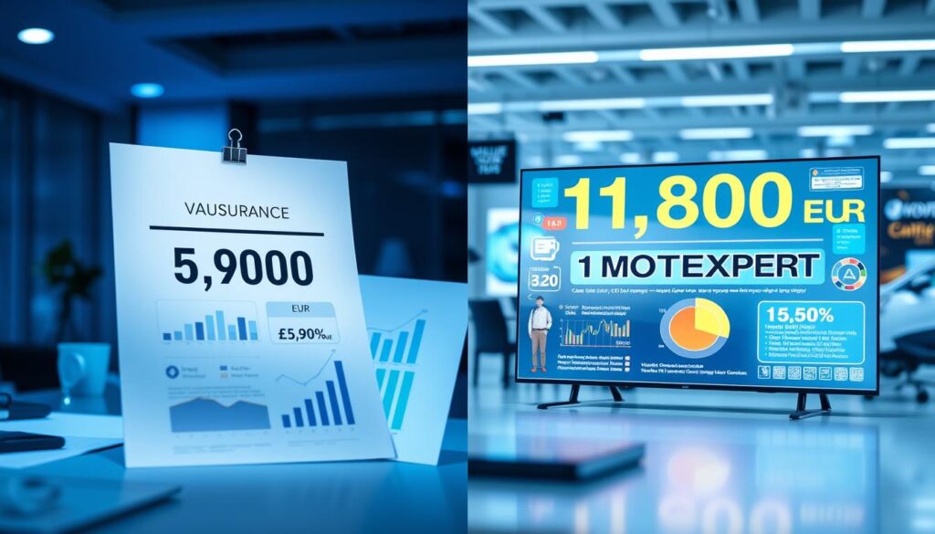 A split-screen image illustrating key differences in car insurance valuations: on the left, a detailed visual representation of an insurance valuation document showing the figure 5,900 EUR, surrounded by graphs and charts depicting market analysis. The colors are cool and corporate, conveying stability, with soft blue lighting creating a professional atmosphere. On the right, a contrasting scene featuring a digital display of the MOTOEXPERT valuation at 11,800 EUR, highlighted by vibrant colors and dynamic infographics, suggesting innovation and modernity. The backgrounds subtly transition from a traditional office setting on the left to a contemporary tech workspace on the right. No people in the image ensure a clear focus on the valuation aspects.