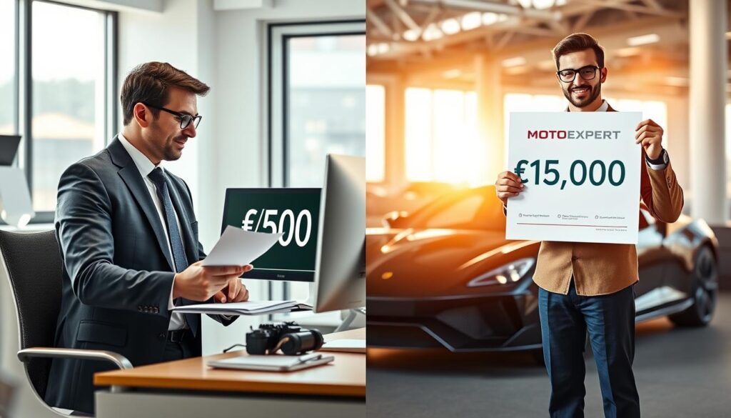 A split-screen image showing a comparison between two car insurance evaluations. On the left, depict a professional insurance agent in a modern office, discussing insurance figures with a client, dressed in a crisp suit, surrounded by documents and a computer screen displaying the figure €7500. The lighting is bright, creating a clean, corporate atmosphere. On the right, illustrate a MOTOEXPERT representative in a dynamic automotive setting, standing in front of a polished car, holding an impressive evaluation report showing €15,000. This side has a more energetic vibe with warm colors and bright, natural light. The background should be clear and focused, highlighting the professionals and their respective environments, emphasizing the theme of valuation differences without any text or logos.
