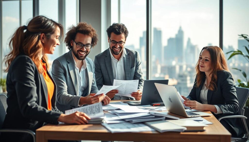 A vibrant and engaging scene highlighting customer experiences with insurance comparisons. In the foreground, a diverse group of three professionals in business attire, discussing animatedly around a table cluttered with documents and laptops, showcasing their contrasting insurance quotes. In the middle ground, a stylish office environment with large windows letting in natural daylight, casting soft shadows. A city skyline is visible in the background, symbolizing growth and opportunity. Soft focus on the background gives a sense of depth while keeping the focus on the participants' expressions of curiosity and determination. The overall mood should be dynamic and insightful, capturing the essence of informed decision-making.