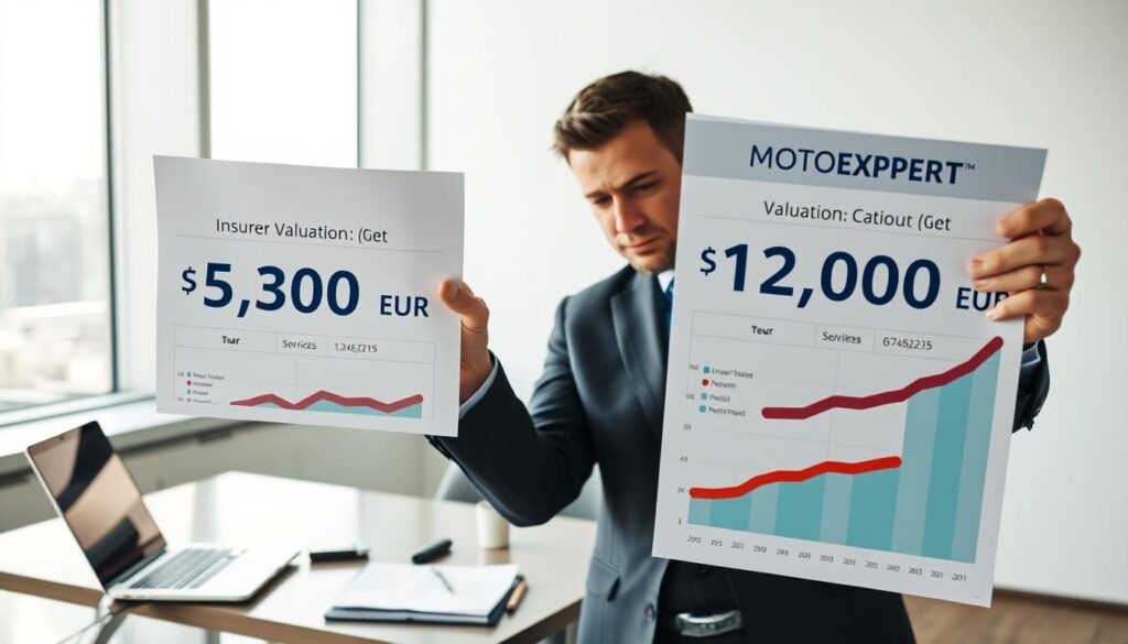 A visually striking comparison image depicting two contrasting car insurance valuations. In the foreground, a professional businessperson in a tailored suit analyzing two large, contrasting charts titled "Insurer Valuation: 5,300 EUR" and "MOTOEXPERT Valuation: 12,000 EUR". In the middle ground, a modern office setting with a sleek desk, a laptop opened to financial software, and a window showcasing a city skyline. The background features soft, natural lighting filtering in, creating an atmosphere of focus and professionalism. The angle should be slightly elevated, capturing both the details of the charts and the expressions of concentration on the business person's face. The overall mood is analytical, emphasizing the critical analysis of insurance valuations.