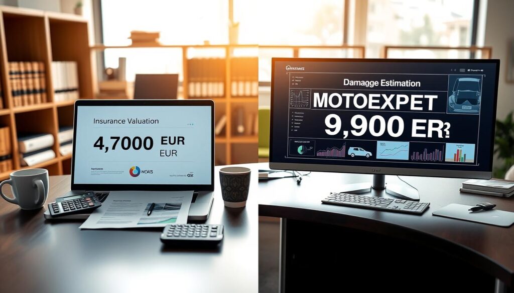 An office setting featuring a split-screen visual representation of two contrasting damage estimates: on the left, a sleek, modern desk with a laptop displaying a report titled "Insurance Valuation 4,700 EUR" alongside a calculator and a coffee cup; on the right, a more elaborate setup with a larger monitor showing "MOTOEXPERT Valuation 9,900 EUR," accompanied by graphs and charts, creating a sense of depth. In the background, soft-focus shelves with legal and financial books to emphasize professionalism. Warm, natural lighting streaming through a window to enhance a productive atmosphere. The camera angle is slightly above the desk, capturing both setups symmetrically, reflecting an analytical and serious mood suitable for comparing the key differences in valuations.
