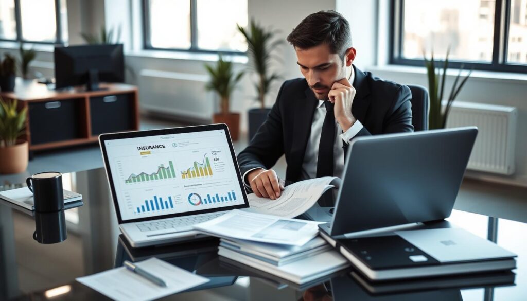 A business professional in a modern office setting, seated at a sleek desk filled with papers and a laptop open to financial reports, symbolizing the valuation of insurance at 6,200 EUR. The individual, dressed in formal attire, is deeply focused, analyzing documents with charts and graphs displayed. The background features a large window with natural light streaming in, casting soft shadows across the room, enhancing a serious yet thoughtful atmosphere. The office décor is minimalistic, with a few plants and a professional ambiance. The camera angle is slightly above eye level, emphasizing the professional context and providing a sense of depth to the scene without any text or distractions.