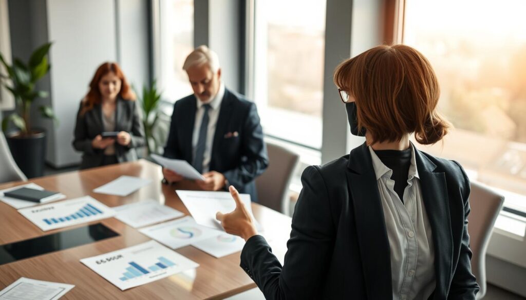 A business setting depicting a diverse group of clients expressing their opinions on insurance valuations. In the foreground, a female client in a smart blazer gestures thoughtfully, while a male client in a tailored suit examines a document. The middle ground features a modern conference table with charts and graphs illustrating differing valuations of 6,800 EUR and 14,200 EUR. In the background, a large window lets in soft natural light, creating a professional and inviting atmosphere. The scene should evoke a sense of discussion and analysis, highlighting varied perspectives on the insurance valuations. The angle should be slightly elevated, capturing the dynamic interaction among the clients while maintaining a focus on their expressions and gestures. A business setting depicting a diverse group of clients expressing their opinions on insurance valuations. In the foreground, a female client in a smart blazer gestures thoughtfully, while a male client in a tailored suit examines a document. The middle ground features a modern conference table with charts and graphs illustrating differing valuations of 6,800 EUR and 14,200 EUR. In the background, a large window lets in soft natural light, creating a professional and inviting atmosphere. The scene should evoke a sense of discussion and analysis, highlighting varied perspectives on the insurance valuations. The angle should be slightly elevated, capturing the dynamic interaction among the clients while maintaining a focus on their expressions and gestures.