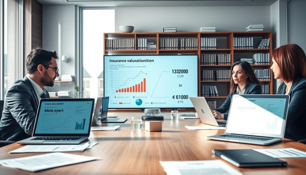 A detailed and informative office setting is depicted, focusing on a modern conference table with documents and laptops showcasing the financial comparison of "MOTOEXPERT" at 13,200 EUR and an insurance valuation of 6,100 EUR. In the foreground, business professionals are engaged in discussion, wearing smart business attire. The middle of the scene highlights a large, clear digital screen displaying graphs and figures related to the valuations. In the background, there are shelves filled with books and financial reports, creating an ambiance of professionalism and analysis. Soft, natural lighting filters through large windows, enhancing a collaborative atmosphere. The image conveys a serious yet constructive mood, emphasizing the importance of valuation results in decision-making.