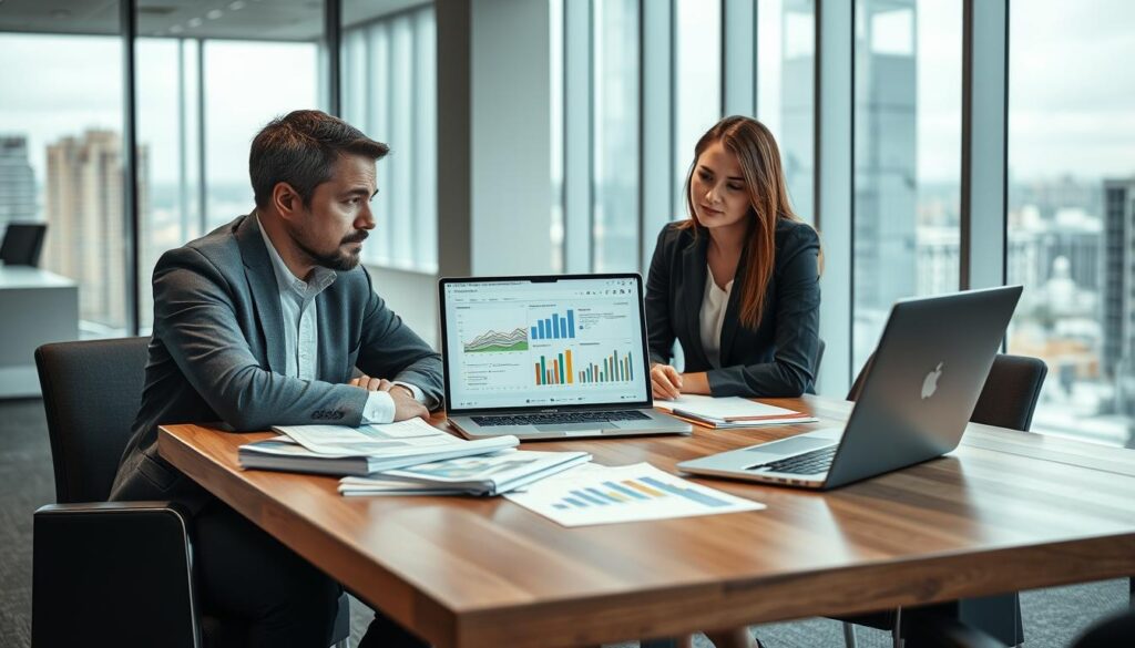 A detailed and professional workspace featuring two business analysts engaged in a discussion over financial data. In the foreground, a modern wooden meeting table holds documents, colorful charts, and a laptop displaying graphs related to insurance valuation. The middle layer should show the analysts: one male and one female, both dressed in professional business attire, highlighting their focused expressions as they analyze the data. The background features a contemporary office environment with large windows letting in natural light, and a cityscape visible outside. The scene conveys a serious and analytical mood, suggesting a deep dive into financial evaluations, with soft overhead lighting to enhance the professional atmosphere. A detailed and professional workspace featuring two business analysts engaged in a discussion over financial data. In the foreground, a modern wooden meeting table holds documents, colorful charts, and a laptop displaying graphs related to insurance valuation. The middle layer should show the analysts: one male and one female, both dressed in professional business attire, highlighting their focused expressions as they analyze the data. The background features a contemporary office environment with large windows letting in natural light, and a cityscape visible outside. The scene conveys a serious and analytical mood, suggesting a deep dive into financial evaluations, with soft overhead lighting to enhance the professional atmosphere.