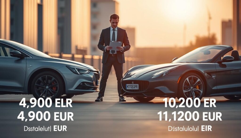 A detailed comparison of vehicle valuations presented visually. In the foreground, two vehicles: one representing an insurance company valuation of 4,900 EUR, depicted as a mid-range family sedan, and the other representing MOTOEXPERT’s valuation of 10,200 EUR, shown as a sleek luxury sports car. In the middle ground, a professional appraiser in business attire stands with a clipboard, examining both vehicles. The background features a subtle urban setting with soft lighting during golden hour, casting a warm glow. The overall mood conveys professionalism and clarity, emphasizing the stark contrast in vehicle valuations, without any text or overlays. A detailed comparison of vehicle valuations presented visually. In the foreground, two vehicles: one representing an insurance company valuation of 4,900 EUR, depicted as a mid-range family sedan, and the other representing MOTOEXPERT’s valuation of 10,200 EUR, shown as a sleek luxury sports car. In the middle ground, a professional appraiser in business attire stands with a clipboard, examining both vehicles. The background features a subtle urban setting with soft lighting during golden hour, casting a warm glow. The overall mood conveys professionalism and clarity, emphasizing the stark contrast in vehicle valuations, without any text or overlays.