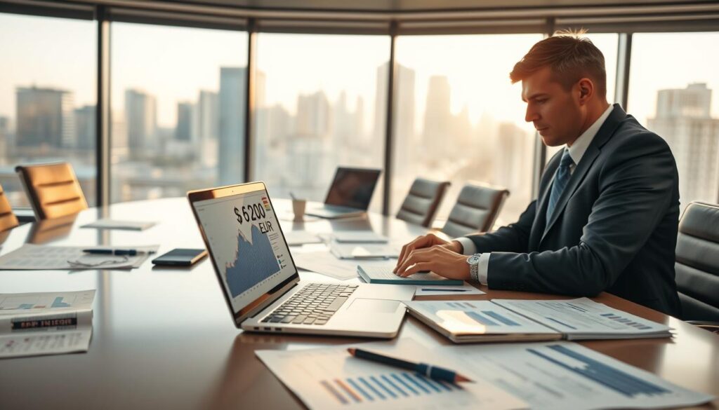 A detailed financial analysis scene, depicting a meeting in a modern office environment. In the foreground, a professional figure in business attire is focused on a laptop showcasing a graph with the figure "6,200 EUR" prominently displayed. The middle ground features a sleek conference table with important documents, financial reports, and charts spread out, emphasizing the valuation process. In the background, large windows let in natural light, reflecting a city skyline, creating an atmosphere of urgency and professionalism. The light is warm and inviting, with a slight blur on the background to keep the focus on the foreground figure and the documents. The overall mood conveys serious contemplation and analysis in the context of insurance valuation.