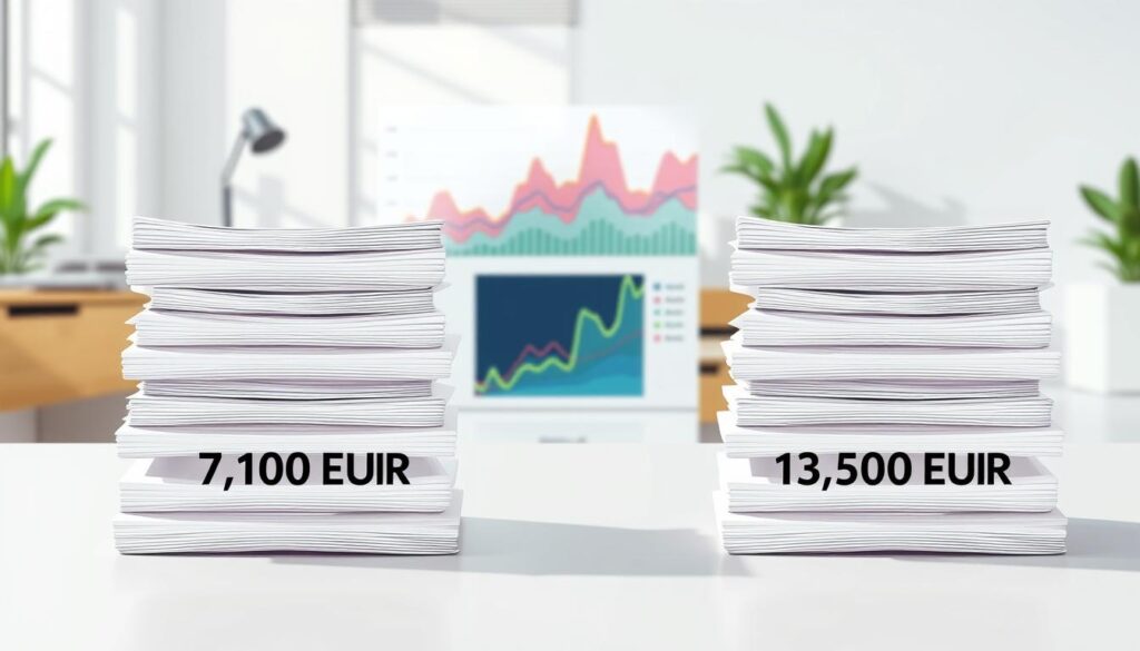 A detailed, professional illustration comparing insurance valuations. In the foreground, two clear, distinct stacks of documents representing different valuations, labeled subtly "7,100 EUR" and "13,500 EUR" respectively. Each stack is neatly organized, with balanced lighting highlighting key differences. In the middle ground, a graph or chart showing a visual representation of fluctuating insurance prices, with vibrant colors. The background features a minimalist office setting, including a desk, a laptop, and a window with soft natural light streaming in, creating a calm, analytical atmosphere. Ensure the image feels informative and engaging, inviting viewers to explore the contrast between the two valuations without any text or annotations. A detailed, professional illustration comparing insurance valuations. In the foreground, two clear, distinct stacks of documents representing different valuations, labeled subtly "7,100 EUR" and "13,500 EUR" respectively. Each stack is neatly organized, with balanced lighting highlighting key differences. In the middle ground, a graph or chart showing a visual representation of fluctuating insurance prices, with vibrant colors. The background features a minimalist office setting, including a desk, a laptop, and a window with soft natural light streaming in, creating a calm, analytical atmosphere. Ensure the image feels informative and engaging, inviting viewers to explore the contrast between the two valuations without any text or annotations.