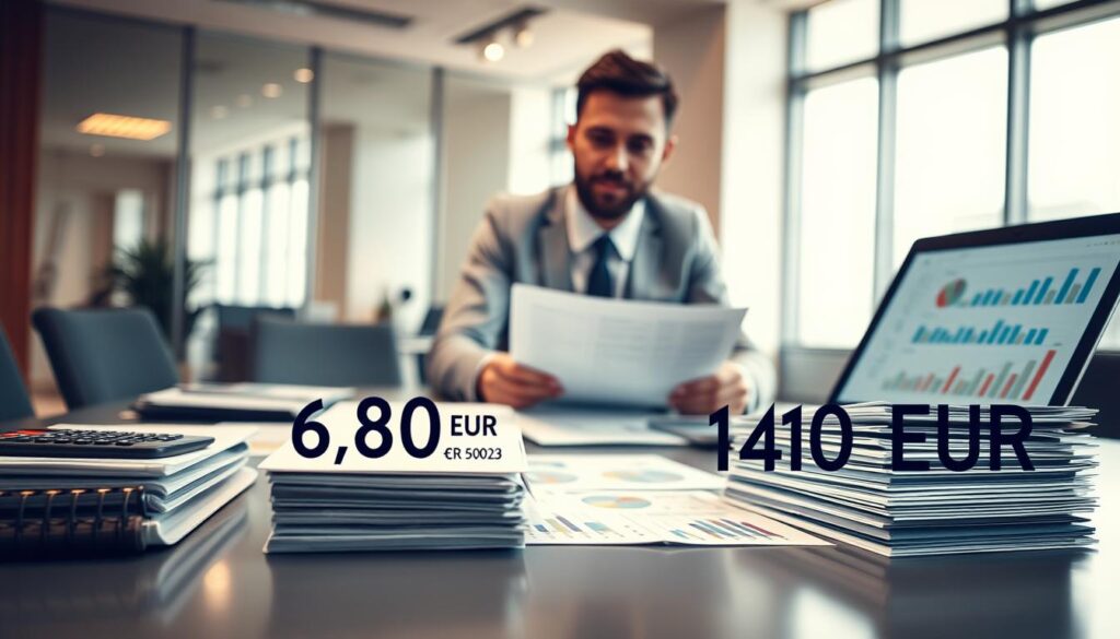 A detailed report summary on insurance damage assessment, focusing on two contrasting figures: 6,800 EUR versus 14,200 EUR. In the foreground, a sleek, modern desk with a neatly organized stack of financial documents, calculators, and a laptop displaying charts and graphs. In the middle, a confident business professional in formal attire, analyzing the data with a focused expression. The background features a softly lit office space with large windows, allowing natural light to create a warm atmosphere. The overall mood is analytical and professional, emphasizing clarity and decision-making. The perspective is slightly elevated, capturing the essence of a critical business meeting.