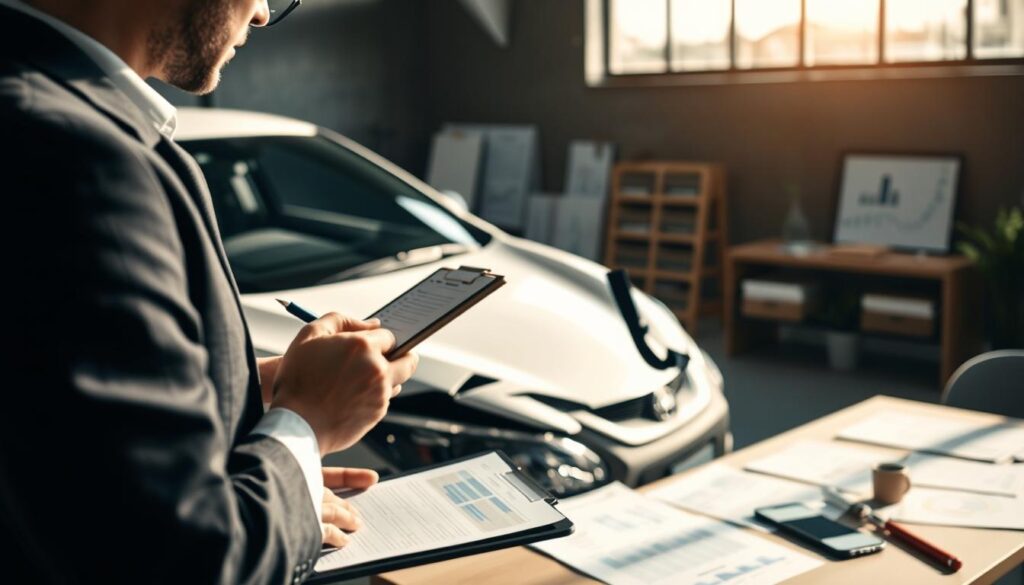 A detailed scene depicting an insurance damage appraisal process. In the foreground, a professional appraiser in business attire examines a damaged vehicle with a clipboard and pen, showcasing serious attention to detail. The middle layer features the vehicle showing visible damages, including dents and scratches, under bright, natural lighting that highlights the imperfections. In the background, a well-organized office setting with a large window allows sunlight to illuminate the space, revealing charts and assessment documents neatly arranged on a desk. The atmosphere feels analytical and focused, emphasizing the importance of thorough evaluation in insurance claims. Capture the mood of professionalism, diligence, and precision in this visual representation. A detailed scene depicting an insurance damage appraisal process. In the foreground, a professional appraiser in business attire examines a damaged vehicle with a clipboard and pen, showcasing serious attention to detail. The middle layer features the vehicle showing visible damages, including dents and scratches, under bright, natural lighting that highlights the imperfections. In the background, a well-organized office setting with a large window allows sunlight to illuminate the space, revealing charts and assessment documents neatly arranged on a desk. The atmosphere feels analytical and focused, emphasizing the importance of thorough evaluation in insurance claims. Capture the mood of professionalism, diligence, and precision in this visual representation.