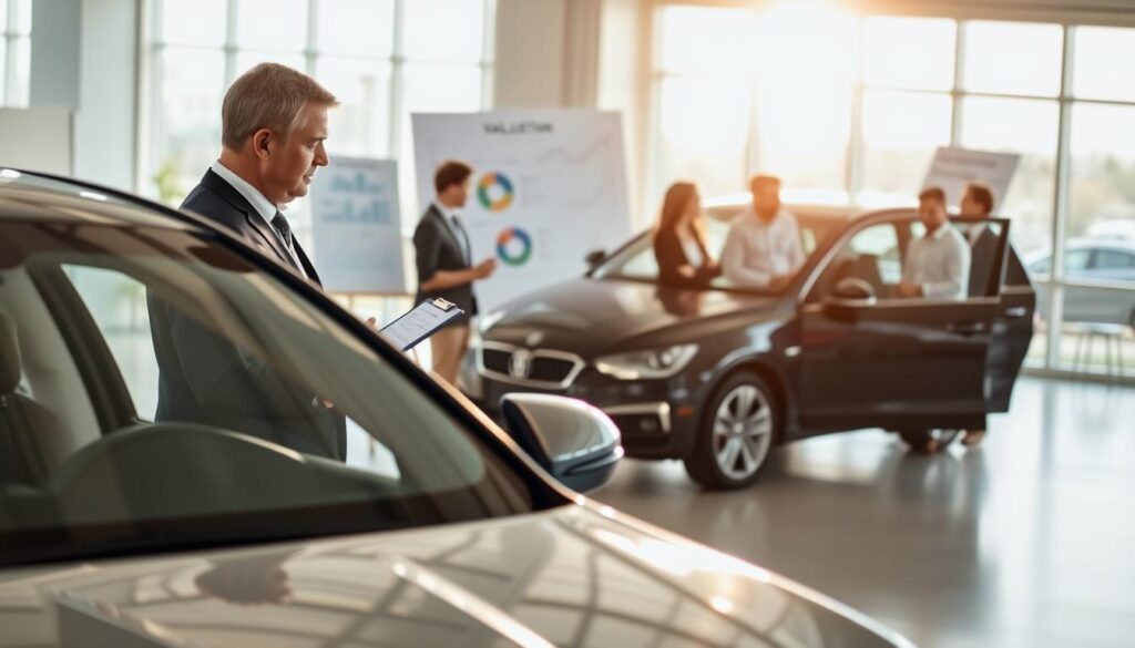 A detailed scene illustrating the vehicle valuation process. In the foreground, a professional in business attire is inspecting a car, holding a tablet or clipboard, jotting down notes. The middle layer features a diverse group of professionals discussing data, surrounded by charts and graphs showing valuation methodologies. The background showcases a bright, modern office space with large windows, allowing sunlight to flood in and create a positive, productive atmosphere. The image should emphasize clarity and professionalism, with soft lighting to enhance focus on the evaluation activities. Use a slight depth of field effect to ensure the vehicle and professional actions are in sharp focus while the office space slightly blurs in the background, conveying dynamic interaction and engagement.