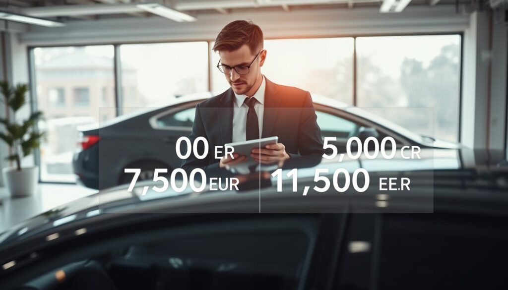 A detailed scene illustrating vehicle valuation, with a focus on the comparison of two valuations. In the foreground, a professional appraiser in smart business attire examines a sleek, luxury sedan, using a tablet to input data. The middle ground features a large, clear data chart comparing the two valuation amounts: 7,500 EUR and 15,000 EUR, artistically represented with visually appealing graphics. The background shows a modern office with large windows, allowing natural light to illuminate the space, creating a bright and professional atmosphere. The angle is slightly angled from above, giving a comprehensive view of the appraiser and the valuation chart while maintaining an informative yet engaging ambiance, encouraging understanding of the valuation process.