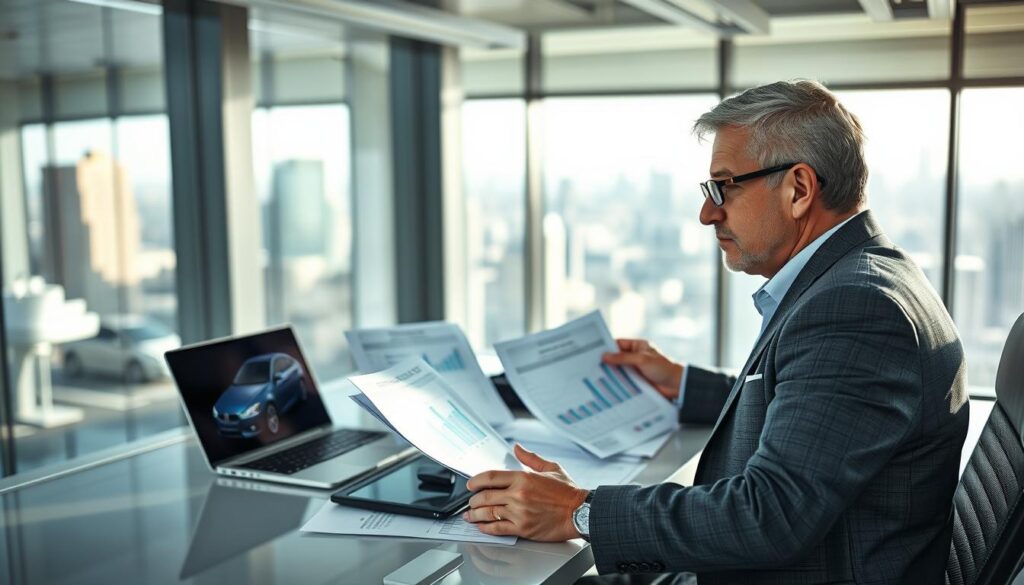 A dynamic scene depicting a professional MOTOEXPERT appraiser in a modern office environment, analyzing vehicle valuation reports on a sleek, high-tech desk. The foreground features the appraiser, a middle-aged Caucasian man in a well-fitted blazer and glasses, focused intently on his work. In the middle ground, the desk is cluttered with documents, a laptop showing valuation graphs, and a digital tablet displaying a car's image. The background reveals a large window with a city skyline view, brightened by natural sunlight filtering in, casting soft shadows in the room. The overall mood is one of professionalism, expertise, and diligence, capturing the essence of vehicle appraisal in action.