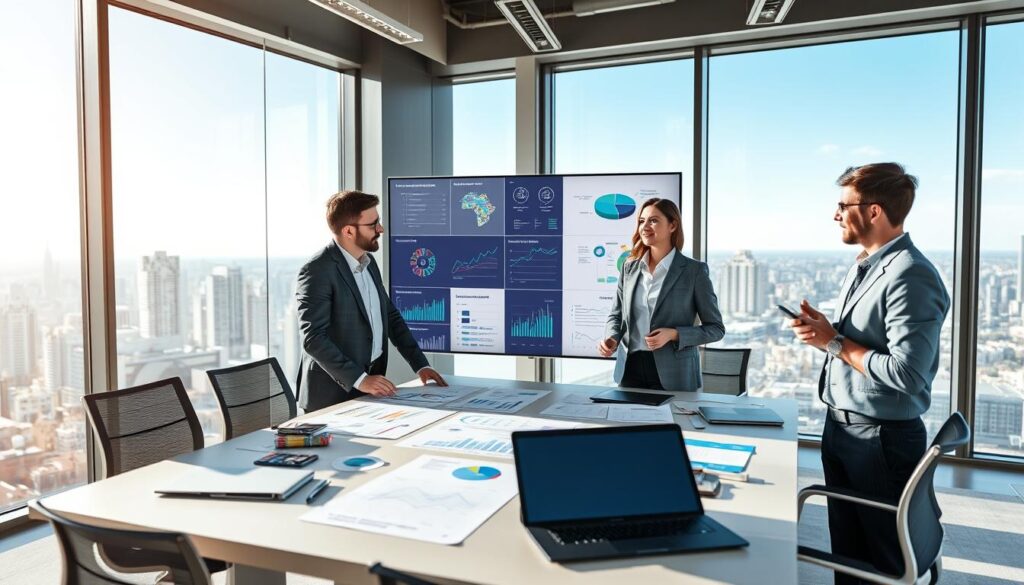 A modern office setting showcasing the optimization of the valuation process. In the foreground, a diverse group of three professionals—two men and one woman, all dressed in smart business attire—are engaged in a collaborative discussion around a large table covered with charts, graphs, and digital devices. The middle ground features a large screen displaying dynamic data visualizations and analytics related to insurance valuations. In the background, large windows reveal a bright cityscape, with a clear blue sky enhancing the atmosphere. Soft, natural lighting illuminates the scene, creating an energetic yet focused mood, emphasizing teamwork and innovation in the valuation process. The image should be clean and professional, with no text or logos present. A modern office setting showcasing the optimization of the valuation process. In the foreground, a diverse group of three professionals—two men and one woman, all dressed in smart business attire—are engaged in a collaborative discussion around a large table covered with charts, graphs, and digital devices. The middle ground features a large screen displaying dynamic data visualizations and analytics related to insurance valuations. In the background, large windows reveal a bright cityscape, with a clear blue sky enhancing the atmosphere. Soft, natural lighting illuminates the scene, creating an energetic yet focused mood, emphasizing teamwork and innovation in the valuation process. The image should be clean and professional, with no text or logos present.