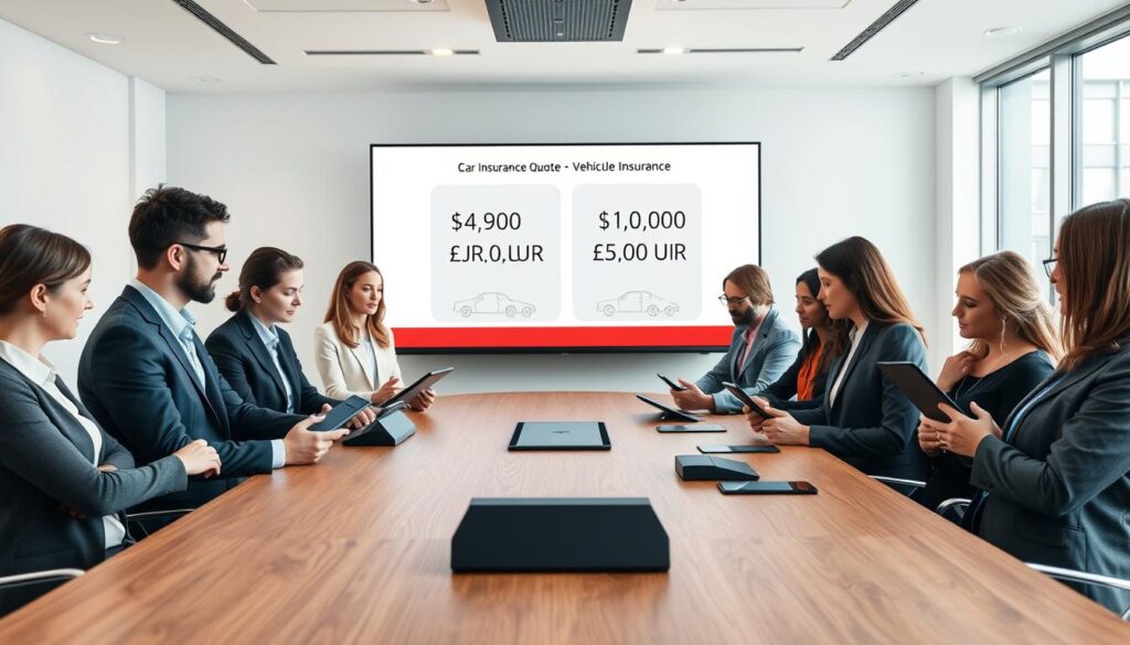 A modern office setting with a professional atmosphere, featuring a large wooden conference table. In the foreground, a diverse group of business professionals in smart attire are engaged in a serious discussion, analyzing car insurance quotes displayed on digital tablets. The middle ground showcases a large screen with a graphic comparison of vehicle insurance costs, with visual elements highlighting the contrasting amounts of 4,900 EUR and 10,200 EUR in a clear, organized manner. The background reveals a bright office environment with large windows letting in soft, natural light, creating an optimistic mood. The angle is slightly elevated, capturing the intensity and focus of the discussion while maintaining a clean, corporate look, emphasizing the importance of insightful future insurance decisions. A modern office setting with a professional atmosphere, featuring a large wooden conference table. In the foreground, a diverse group of business professionals in smart attire are engaged in a serious discussion, analyzing car insurance quotes displayed on digital tablets. The middle ground showcases a large screen with a graphic comparison of vehicle insurance costs, with visual elements highlighting the contrasting amounts of 4,900 EUR and 10,200 EUR in a clear, organized manner. The background reveals a bright office environment with large windows letting in soft, natural light, creating an optimistic mood. The angle is slightly elevated, capturing the intensity and focus of the discussion while maintaining a clean, corporate look, emphasizing the importance of insightful future insurance decisions.