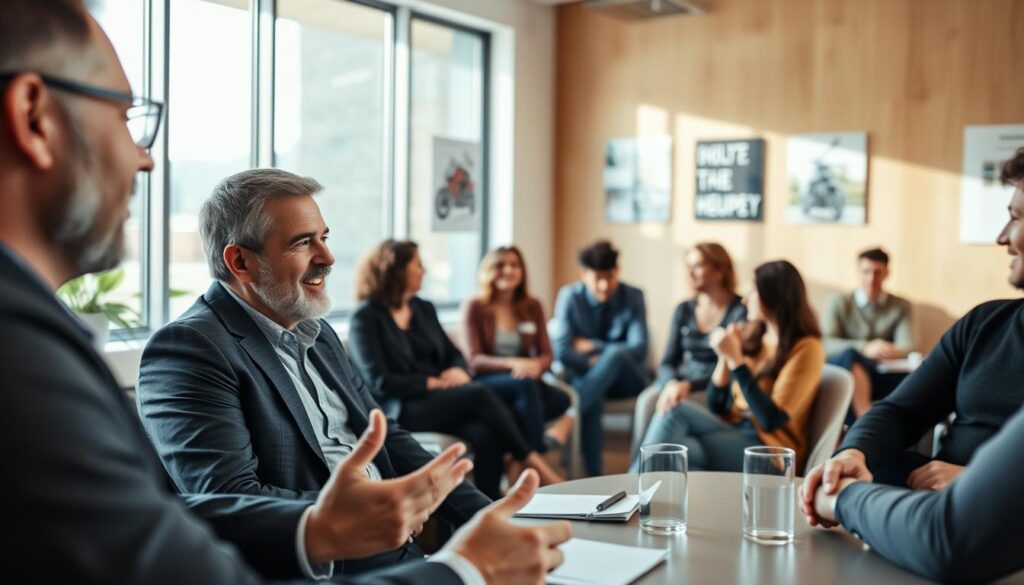 A modern, professional meeting room filled with diverse clients discussing their positive experiences with MOTOEXPERT. In the foreground, a middle-aged man in business attire enthusiastically gestures while sharing his thoughts, sitting across from a young woman in smart casual clothing who nods in agreement. The middle section captures a small group of clients, engaged in conversation, showcasing expressions of satisfaction and approval. The background features a large window allowing soft natural light to flood the room, reflecting a warm and inviting atmosphere. Subtle decorations on the walls include images of motorcycle insurance and happy clients. The overall mood is collaborative and optimistic, emphasizing trust and confidence in MOTOEXPERT's services. The lens captures the scene from a slightly elevated angle, with a soft focus to enhance the intimacy of the discussions.