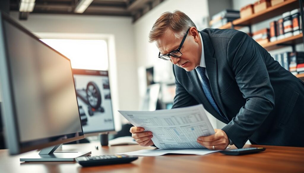 A professional MOTOEXPERT vehicle appraiser in a modern office setting, leaning over a detailed car evaluation report. The appraiser, a middle-aged Caucasian man, wearing a smart business suit and glasses, is intently analyzing data on a sleek computer screen. In the foreground, a high-quality vehicle document and a calculator are visible on the desk. The middle ground captures a well-organized workspace with automotive tools and a large monitor displaying vehicle graphics. In the background, soft-focus shelves with automotive reference books, creating a knowledgeable atmosphere. The lighting is warm and inviting, with natural light streaming through a window, casting gentle shadows. The overall mood is professional and focused, illustrating client trust in MOTOEXPERT's expertise.