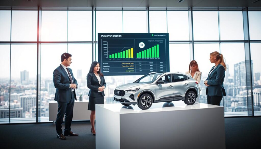 A professional and detailed scene depicting the concept of "MOTOEXPERT Valuation" in the context of car insurance. In the foreground, a diverse group of three individuals in business attire (a man and two women) are engaged in discussion, examining a car model displayed prominently on a sleek pedestal. The middle ground features a modern, well-lit office with glass walls, showcasing a digital screen with data analytics on insurance valuations. The background includes a city skyline through large windows, hinting at a dynamic urban environment. The lighting is bright and professional, emulating a productive atmosphere. The composition should convey a sense of confidence, professionalism, and modernity, suitable for an article on valuation comparisons without any text or distractions.
