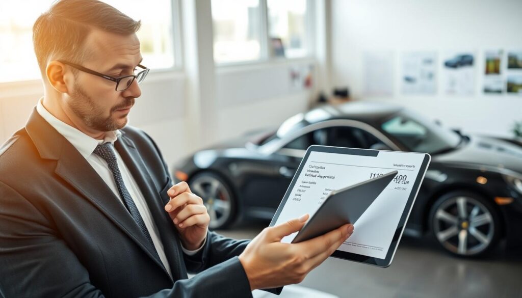 A professional automotive appraiser, depicted in a modern office environment, wearing a smart business suit. The foreground features a focused individual examining a vehicle's valuation report on a tablet, with a detailed breakdown of costs displayed on the screen, highlighting the figure "11,400 EUR". In the middle ground, a sleek car is parked, showcasing its features, emphasizing the subject's expertise in vehicle assessment. The background includes a well-organized office with automotive certifications on the wall and bright, natural lighting filtering through large windows, creating a calm and professional atmosphere. The scene captures the seriousness and precision of automotive appraisal work, embodying a deep expertise and confidence in the valuation process.