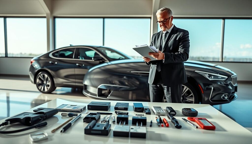 A professional automotive appraiser, dressed in business attire, stands confidently next to a sleek, modern vehicle that represents the MOTOEXPERT valuation of 9,900 EUR. The foreground features the appraiser examining a detailed report on a tablet. Soft natural lighting illuminates the scene, highlighting the vehicle's glossy finish. In the middle ground, a clean and well-organized workspace showcases various automotive evaluation tools spread across a polished table. The background features a large window showing a clear blue sky, enhancing the professionalism of the setting. The overall mood is serious yet optimistic, reflecting the high value of the assessment and the expertise of the appraiser. The image should evoke a sense of trust and reliability in the appraisal process.