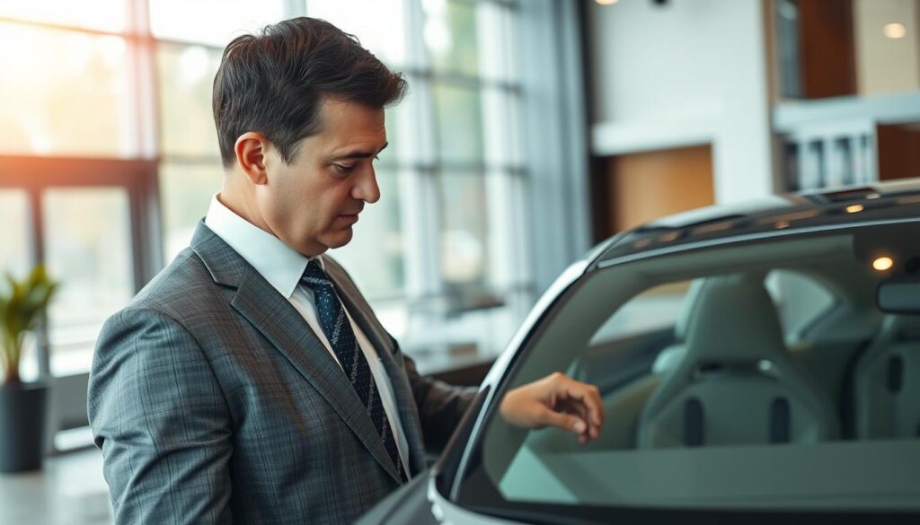 A professional automotive appraiser, dressed in smart business attire, is meticulously evaluating a high-end vehicle in an elegant office environment. In the foreground, the appraiser, a middle-aged individual with short dark hair, is focused on examining the car's interior, highlighting aspects of quality and value. The middle ground features a sleek luxury car, showcasing its polished exterior and intricate details, embodying the essence of high valuation. In the background, a modern office space with large windows allows natural light to flood in, creating an ambient, sophisticated atmosphere. The lighting emphasizes the car's shine and the appraiser's concentration, while a soft-focus effect adds depth to the scene, capturing the essence of expert evaluation and professionalism. A professional automotive appraiser, dressed in smart business attire, is meticulously evaluating a high-end vehicle in an elegant office environment. In the foreground, the appraiser, a middle-aged individual with short dark hair, is focused on examining the car's interior, highlighting aspects of quality and value. The middle ground features a sleek luxury car, showcasing its polished exterior and intricate details, embodying the essence of high valuation. In the background, a modern office space with large windows allows natural light to flood in, creating an ambient, sophisticated atmosphere. The lighting emphasizes the car's shine and the appraiser's concentration, while a soft-focus effect adds depth to the scene, capturing the essence of expert evaluation and professionalism.
