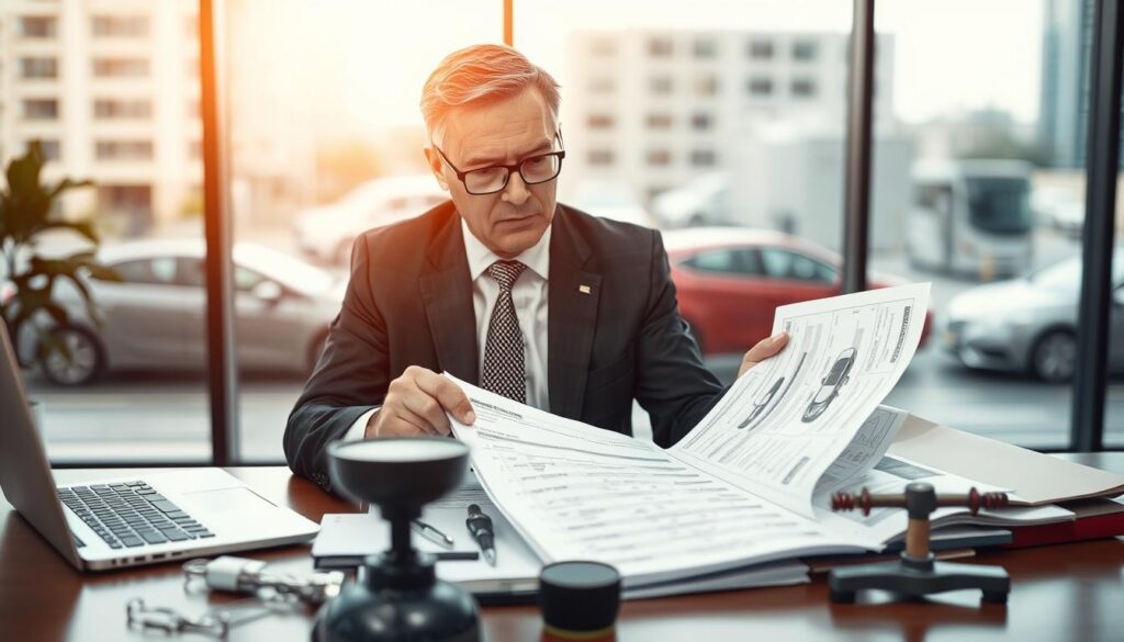 A professional automotive evaluator at a desk, examining detailed vehicle reports and valuation documents. The evaluator, a middle-aged man in a smart business suit, focused and diligent, wears glasses for a scholarly touch. The foreground features a collection of tools such as a laptop, a calibrated scale, and detailed charts showing vehicle values. In the middle background, a large window allows natural light to filter through, creating a bright and welcoming atmosphere. Outside the window, a blurred cityscape with cars passing by. The overall mood is one of professionalism and precision, emphasizing the importance of expert evaluation in vehicle assessment, with a shallow depth of field to draw attention to the evaluator.
