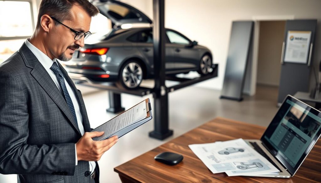 A professional automotive expert, depicted in smart business attire, is examining a vehicle in a well-lit office environment. The foreground features the expert holding a clipboard and a pen, with a focused expression as he inspects the car's details. In the middle ground, a modern vehicle stands on a lift, showcasing its undercarriage. The background includes a sleek desk with detailed automotive blueprints and an open laptop displaying insurance quotes. Soft, natural lighting illuminates the scene, creating a serious yet approachable atmosphere. The camera angle is slightly low, emphasizing the expert’s authority in the situation. The overall mood is professional and informative, conveying the importance of expert automotive evaluation. A professional automotive expert, depicted in smart business attire, is examining a vehicle in a well-lit office environment. The foreground features the expert holding a clipboard and a pen, with a focused expression as he inspects the car's details. In the middle ground, a modern vehicle stands on a lift, showcasing its undercarriage. The background includes a sleek desk with detailed automotive blueprints and an open laptop displaying insurance quotes. Soft, natural lighting illuminates the scene, creating a serious yet approachable atmosphere. The camera angle is slightly low, emphasizing the expert’s authority in the situation. The overall mood is professional and informative, conveying the importance of expert automotive evaluation.