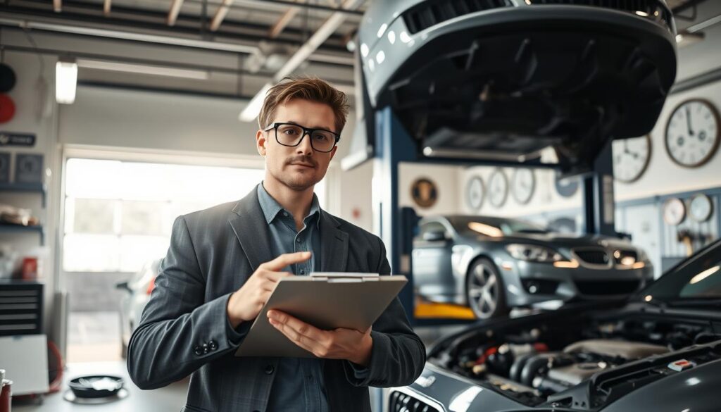 A professional automotive expert, wearing a smart blazer and safety goggles, stands confidently in a well-lit garage filled with various vehicle parts and tools. In the foreground, he examines a car hood, pointing at a specific area with a clipboard in his hand. The middle ground features a sleek car raised on a hydraulic lift, showcasing the expert's detailed inspection process. In the background, light streams through large windows, illuminating automotive diagrams and certification plaques on the wall. The scene conveys a sense of expertise and professionalism, highlighting the role of a vehicle appraiser. The mood is focused and serious, reflecting the precision of the valuation process. The lens captures the scene at eye-level, with a slight depth of field to emphasize the expert's work.