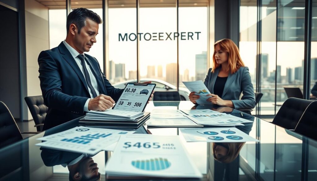 A professional automotive valuation scene showcasing "MOTOEXPERT" at a sleek, modern office environment. In the foreground, a confident and well-dressed business professional, male, in a navy blue suit, discusses details with a female colleague in smart business attire, using a tablet and documents displaying numerical data related to vehicle valuations. In the middle ground, an elegant glass conference table scattered with car valuation reports and graphs. The background features large windows with a city skyline view, letting in warm, natural light that creates a bright and inviting atmosphere. The scene conveys professionalism, expertise, and trust in the field of vehicle valuation, emphasizing a contrast between different valuation figures. The angle is slightly elevated, providing a dynamic perspective of the interaction.