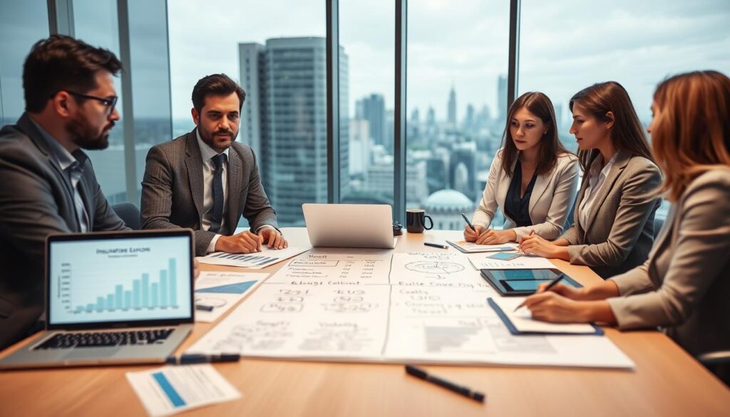 A professional business meeting scene illustrating common valuation errors in insurance pricing. In the foreground, a diverse group of four professionals—two men and two women—are engaged in a discussion around a conference table covered with charts, graphs, and a laptop displaying valuation figures. The middle ground features a whiteboard with handwritten notes and diagrams analyzing differences in insurance valuations. In the background, a large window reveals a city skyline, emphasizing an urban corporate setting. Soft, ambient lighting creates a focused atmosphere, while a slight blur adds depth to the scene. The professionals are dressed in smart casual attire, exuding a serious yet collaborative mood, suitable for a critical evaluation of valuation processes.