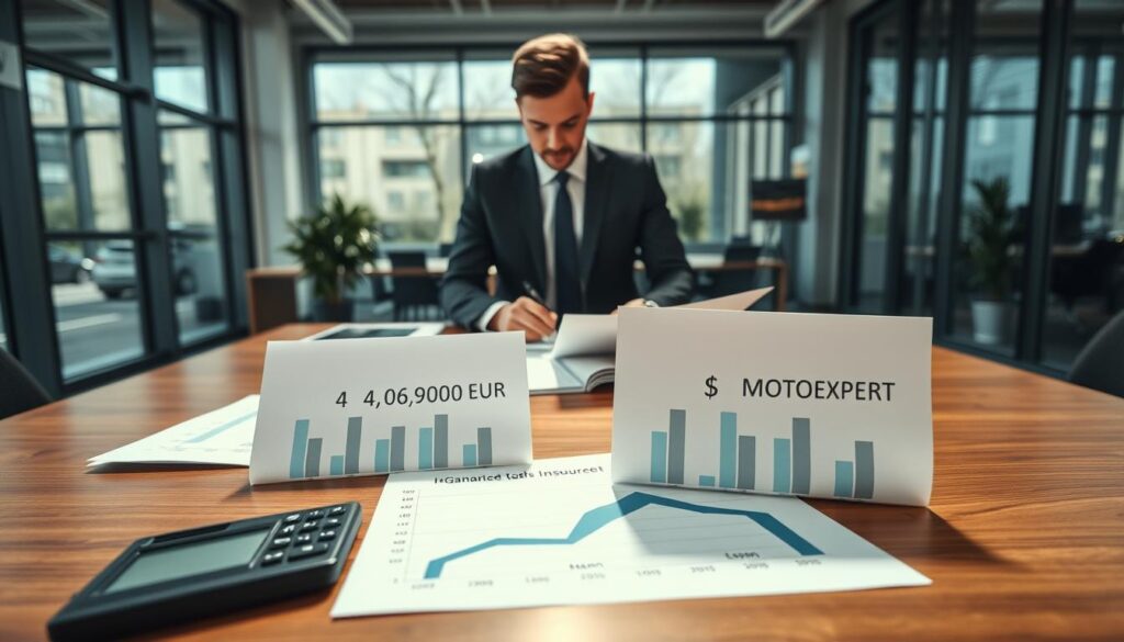A professional business scene depicting a comparison of car insurance costs. In the foreground, a calculator and financial reports lay on a wooden desk, with two distinct graphs representing the costs: one labeled 4,700 EUR for a generic insurer and another 9,900 EUR for MOTOEXPERT. In the middle, a businessperson in smart attire is analyzing the papers, focused and contemplative. The background features a modern office environment with large windows allowing natural light to fill the scene, casting soft shadows. The overall mood is analytical and serious, emphasizing the importance of the insurance comparison. The angle is slightly overhead to capture both the documents and the professional in action, creating a sense of depth and context.