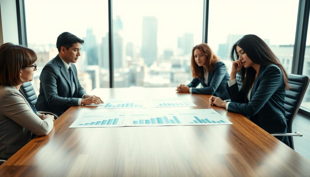 A professional business setting depicting a conference room with a large wooden table, around which a diverse group of four business professionals in smart attire are engaged in a discussion. On the table, there are documents and charts illustrating insurance valuation comparisons. In the background, large windows allow soft natural light to filter in, creating a warm and inviting atmosphere. A blurred cityscape can be seen outside, symbolizing the legal implications in the insurance industry. The focus is on the expressions of concentration and collaboration among the team, conveying a sense of seriousness and professionalism. The image should have a balanced composition, shot from a slight angle to give depth and context to the scene.