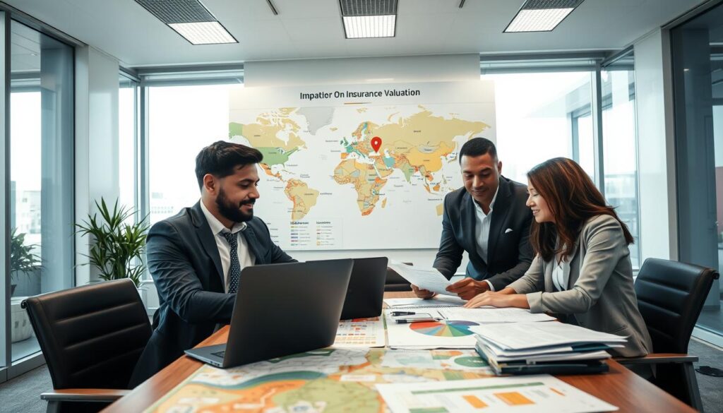 A professional business setting illustrating the impact of location on insurance valuation. In the foreground, a diverse group of three professionals—two men and one woman—dressed in business attire are engaged in a discussion over paperwork and a laptop. They are seated around a conference table cluttered with maps and charts detailing various locations. In the middle ground, a large wall display showcases a colorful map of different cities with varying insurance rates highlighted. The background features a modern office environment with large windows allowing natural light to flood the space, creating a bright and optimistic atmosphere. The scene is captured with a slightly angled perspective, emphasizing collaboration and analysis, conveying a mood of professionalism and focus on strategic evaluation.