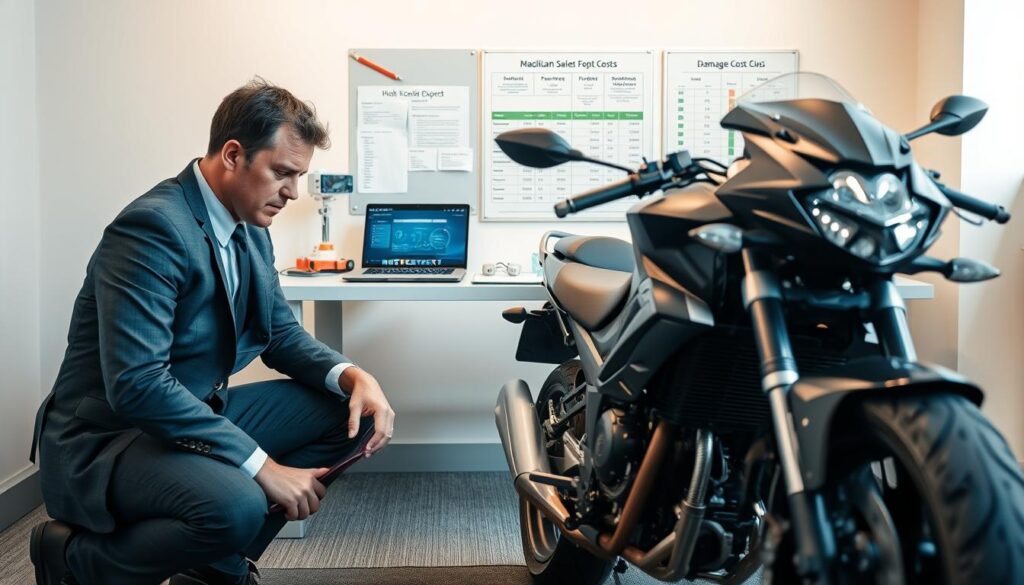 A professional collision expert from MOTOEXPERT, dressed in smart business attire, is shown examining a damaged motorcycle in a well-lit office environment. In the foreground, the expert is kneeling beside the motorcycle, observing the intricate details of the damage with focused concentration. In the middle ground, a sleek desk holds various tools, a laptop displaying technical data, and a clipboard with notes, suggesting a thorough evaluation process. The background features a bulletin board with charts comparing repair costs, emphasizing the financial aspect of the damage assessment. Soft, ambient lighting casts a warm glow, creating a serious yet approachable atmosphere that conveys expertise and reliability in damage evaluation.