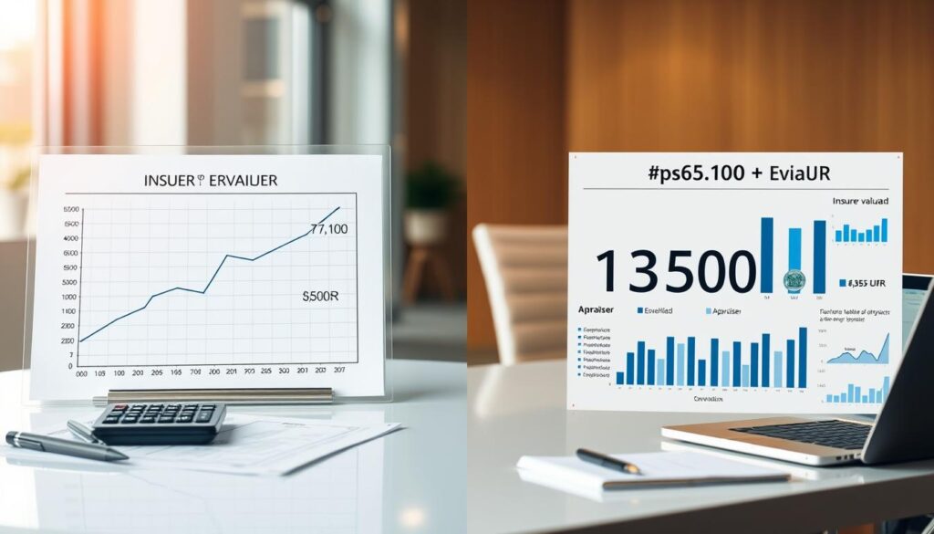 A professional comparison of insurance valuations, featuring two separate columns. On the left, a clean, modern workspace with a detailed graph showing the insurer's valuation of 7,100 EUR, adorned with a calculator, documents, and a pen. On the right, a contrasting column showcasing the appraiser's valuation of 13,500 EUR, displayed with more chart data, a laptop, and a notepad. The background should be softly blurred, depicting a sleek office environment. The lighting is bright yet warm, illuminating the work surfaces and casting subtle shadows to create depth. The atmosphere is focused and analytical, inspiring a sense of professionalism and clarity in the financial review process. A professional comparison of insurance valuations, featuring two separate columns. On the left, a clean, modern workspace with a detailed graph showing the insurer's valuation of 7,100 EUR, adorned with a calculator, documents, and a pen. On the right, a contrasting column showcasing the appraiser's valuation of 13,500 EUR, displayed with more chart data, a laptop, and a notepad. The background should be softly blurred, depicting a sleek office environment. The lighting is bright yet warm, illuminating the work surfaces and casting subtle shadows to create depth. The atmosphere is focused and analytical, inspiring a sense of professionalism and clarity in the financial review process.