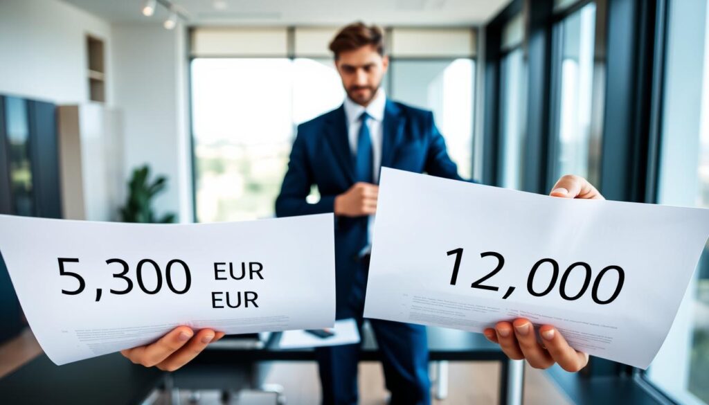 A professional financial advisor, dressed in a smart business suit and tie, stands confidently in an office environment, analyzing two reports side by side. The foreground features a close-up of the reports, with a clear numeric comparison highlighted: "5,300 EUR" and "12,000 EUR" prominently displayed but without text. In the middle ground, a modern desk is adorned with business tools like a laptop and a calculator, hinting at evaluation processes. The background shows a large window with natural light streaming in, creating a bright, optimistic atmosphere. The color palette is balanced with blues and whites, conveying professionalism and clarity. The scene captures the tension and importance of valuation differences in asset insurance.