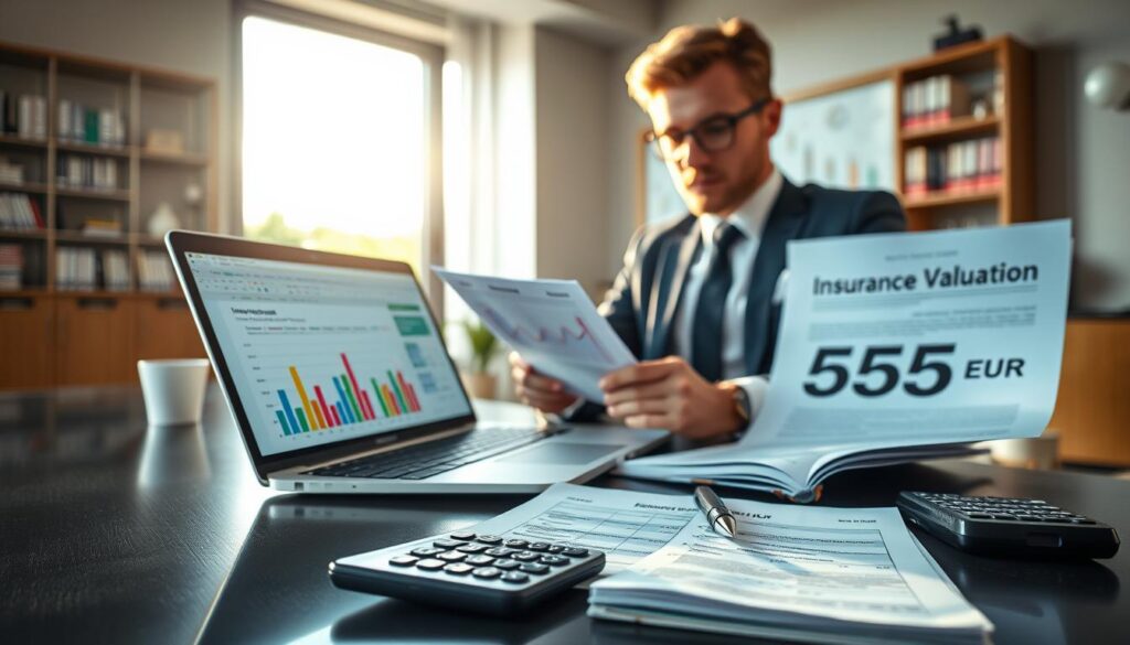 A professional financial analyst in smart business attire, seated at a sleek modern desk, analyzing documents related to insurance valuations, particularly the figure of 5,555 EUR. The foreground features a laptop open to a spreadsheet, with colorful graphs reflecting various data points. In the middle, a close-up view of a notepad filled with notes, calculations, and a calculator, while the background showcases a softly lit office environment with bookshelves and financial charts on the walls. Natural light streams through a large window, casting a warm glow, creating a focused and analytical atmosphere. The image should evoke a sense of professionalism, clarity, and attention to detail, emphasizing the importance of thorough analysis in financial decisions. A professional financial analyst in smart business attire, seated at a sleek modern desk, analyzing documents related to insurance valuations, particularly the figure of 5,555 EUR. The foreground features a laptop open to a spreadsheet, with colorful graphs reflecting various data points. In the middle, a close-up view of a notepad filled with notes, calculations, and a calculator, while the background showcases a softly lit office environment with bookshelves and financial charts on the walls. Natural light streams through a large window, casting a warm glow, creating a focused and analytical atmosphere. The image should evoke a sense of professionalism, clarity, and attention to detail, emphasizing the importance of thorough analysis in financial decisions.