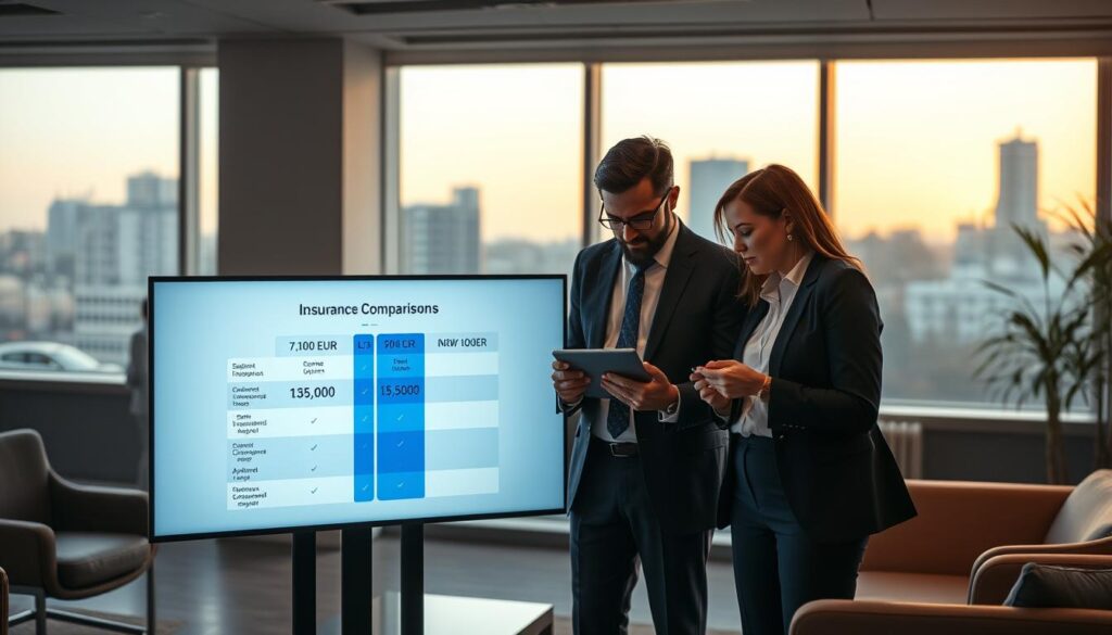 A professional, informative scene depicting an insurance comparison environment for clients. In the foreground, a diverse group of three professionals, two men and one woman, dressed in smart business attire, are intently discussing and analyzing insurance options on a digital tablet. The middle ground features a large, sleek display screen showcasing a side-by-side comparison of different insurance policies, including the figures "7,100 EUR" and "13,500 EUR" prominently featured. The background consists of a modern office environment with sleek furniture, soft ambient lighting creating a warm atmosphere, and large windows revealing a cityscape. The mood is focused and collaborative, emphasizing trust and clarity in decision-making. A professional, informative scene depicting an insurance comparison environment for clients. In the foreground, a diverse group of three professionals, two men and one woman, dressed in smart business attire, are intently discussing and analyzing insurance options on a digital tablet. The middle ground features a large, sleek display screen showcasing a side-by-side comparison of different insurance policies, including the figures "7,100 EUR" and "13,500 EUR" prominently featured. The background consists of a modern office environment with sleek furniture, soft ambient lighting creating a warm atmosphere, and large windows revealing a cityscape. The mood is focused and collaborative, emphasizing trust and clarity in decision-making.