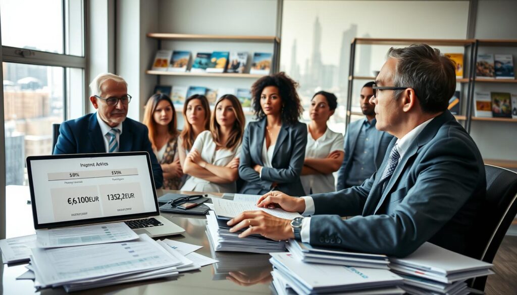 A professional insurance advisor, dressed in business attire, sits at a sleek desk piled with papers and files marked with percentages and financial data. In the foreground, a laptop displays a comparative analysis of property insurance quotes, with highlighted figures 6,100 EUR and 13,200 EUR. The middle ground features a diverse group of clients looking engaged and contemplative, listening intently to the advisor. In the background, shelves lined with insurance brochures and a window showcasing a city skyline bathed in natural light, emphasizing a sense of professionalism and trust. The mood is serious yet hopeful, representing the importance of informed decisions in insurance choices. The image should convey a strong atmosphere of professionalism and customer service.