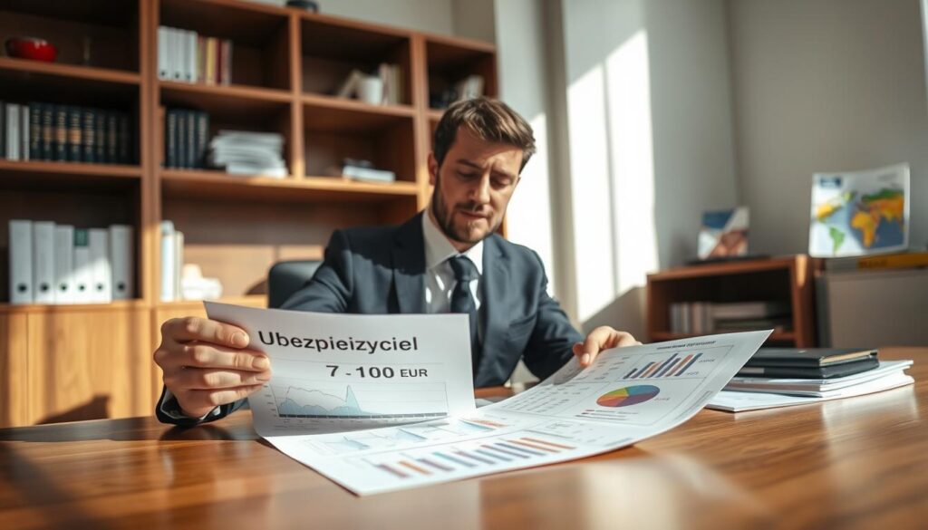 A professional insurance agent in a smart business suit is seated at a polished wooden desk, reviewing a document labeled "Ubezpieczyciel 7 100 EUR." In the foreground, the agent's focused expression reflects determination and expertise. The middle layer features the document, detailed with graphs and figures illustrating insurance valuations. The background includes shelves filled with books on finance and colorful brochures about insurance policies. Soft, natural lighting streams in through a window, casting gentle shadows across the desk, creating an atmosphere of trust and professionalism. The angle captures a slightly elevated view, emphasizing the agent’s engagement with the task, evoking a sense of credibility and analytical thought in the insurance industry. A professional insurance agent in a smart business suit is seated at a polished wooden desk, reviewing a document labeled "Ubezpieczyciel 7 100 EUR." In the foreground, the agent's focused expression reflects determination and expertise. The middle layer features the document, detailed with graphs and figures illustrating insurance valuations. The background includes shelves filled with books on finance and colorful brochures about insurance policies. Soft, natural lighting streams in through a window, casting gentle shadows across the desk, creating an atmosphere of trust and professionalism. The angle captures a slightly elevated view, emphasizing the agent’s engagement with the task, evoking a sense of credibility and analytical thought in the insurance industry.