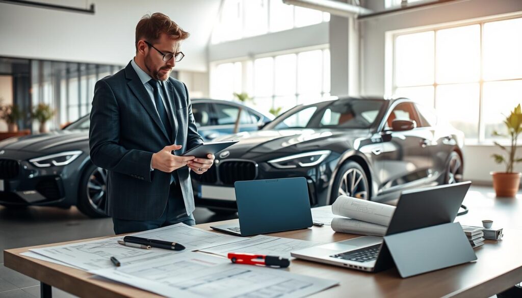 A professional motor vehicle expert, known as "rzeczoznawca MOTOEXPERT," is conducting an appraisal on a sleek, modern car in a well-lit office environment. In the foreground, the expert, dressed in a tailored business suit, is closely examining the car's details with a digital tablet in hand, showcasing focus and concentration. In the middle ground, a large desk is cluttered with inspection tools and a laptop, while blueprints and insurance documents are spread out. The background features a large window with sunlight streaming in, creating a bright and inviting atmosphere. The overall mood is one of professionalism and diligence, emphasizing the expert's role in the insurance valuation process. The scene is captured from a slightly elevated angle to highlight both the expert and the vehicle in an engaging composition. A professional motor vehicle expert, known as "rzeczoznawca MOTOEXPERT," is conducting an appraisal on a sleek, modern car in a well-lit office environment. In the foreground, the expert, dressed in a tailored business suit, is closely examining the car's details with a digital tablet in hand, showcasing focus and concentration. In the middle ground, a large desk is cluttered with inspection tools and a laptop, while blueprints and insurance documents are spread out. The background features a large window with sunlight streaming in, creating a bright and inviting atmosphere. The overall mood is one of professionalism and diligence, emphasizing the expert's role in the insurance valuation process. The scene is captured from a slightly elevated angle to highlight both the expert and the vehicle in an engaging composition.