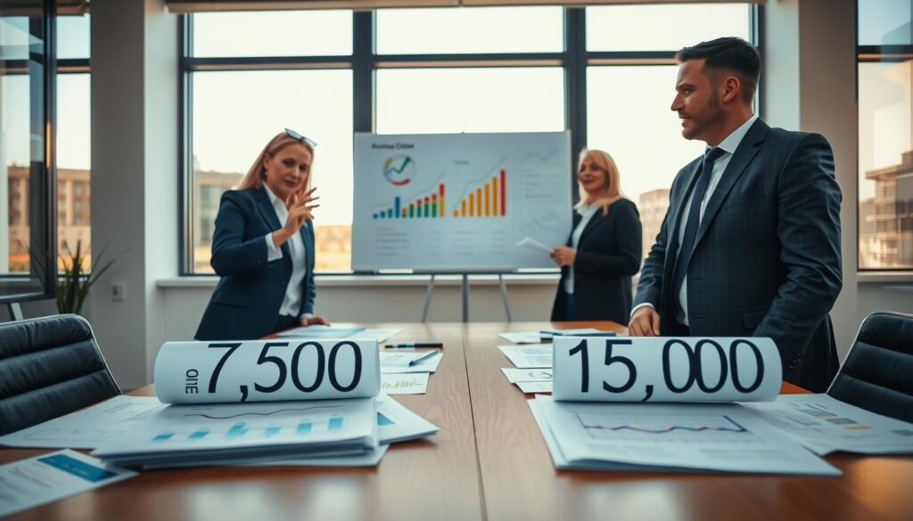 A professional office setting depicting a comparison of financial claims, highlighting the contrasting figures of 7,500 EUR and 15,000 EUR. In the foreground, a table is filled with neatly arranged documents, including charts and graphs, visually representing the financial data. Two individuals in business attire, one presenting data with a confident gesture, and the other listening attentively, enhance the scene's professionalism. The middle ground features a whiteboard with colorful graphs illustrating the comparison, while the background includes large windows allowing warm daylight to filter in, creating an optimistic atmosphere. The composition uses a slight angle to provide depth, ensuring the focus remains on the interaction and the financial documents laid out. The overall mood is analytical and collaborative, emphasizing a thoughtful discussion.