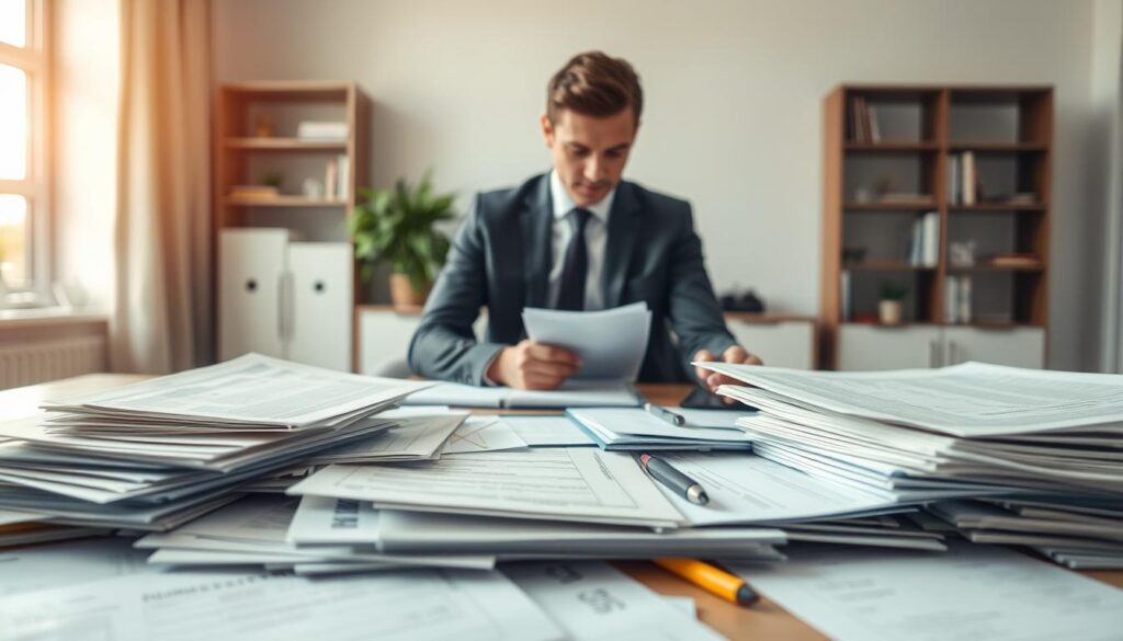 A professional office setting with a clear focus on essential insurance documents needed for valuation. In the foreground, an organized desk cluttered with various paperwork such as car valuation forms, identification documents, and insurance policy details. On the middle ground, a well-dressed individual in business attire, focused and writing notes, conveying a serious and professional atmosphere. The background features a simple yet elegant office decor with a soft-focus bookshelf and natural light streaming through a window, creating a calming ambiance. The lighting is bright but not harsh, highlighting the documents without shadows. The overall mood is one of diligence and meticulousness, perfect for illustrating the importance of proper documentation in insurance valuation.