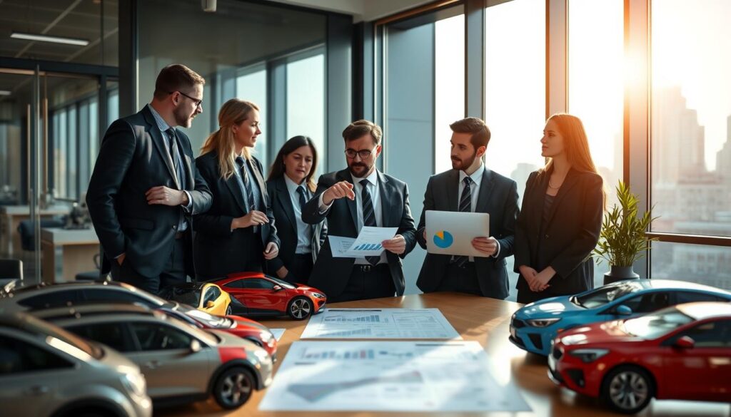 A professional office setting with a large table in the foreground displaying a variety of vehicle models and price tags, highlighting factors affecting vehicle valuation. In the middle, a diverse group of business professionals dressed in smart attire—two men and two women—discuss the valuation of the vehicles, pointing at charts and graphs on a laptop. The background features a large window letting in natural light, casting a warm glow on the scene, with cityscape views. The atmosphere is collaborative and informative, embodying a sense of expertise and critical analysis. The composition captures a snapshot of negotiation and valuation processes in a vivid and engaging manner, emphasizing the dynamics of vehicle assessment.