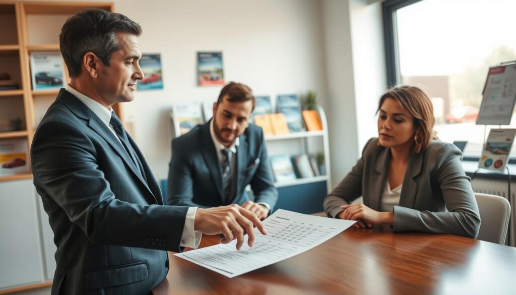 A professional setting depicting an insurance agent and a client discussing car insurance options. The foreground features a well-dressed insurance agent in a smart suit, pointing at a document on the table that outlines different insurance estimates. The middle ground shows the client, who appears thoughtful and engaged, reviewing the information. In the background, there are shelves filled with insurance brochures and a large window allowing natural light to illuminate the scene, enhancing the atmosphere of trust and professionalism. The lighting is soft and inviting, providing a warm, reassuring mood, while the angle captures both individuals from a slightly elevated perspective, giving an overview of their interaction. The overall vibe conveys clarity and professionalism, ideal for illustrating customer considerations in insurance valuation.